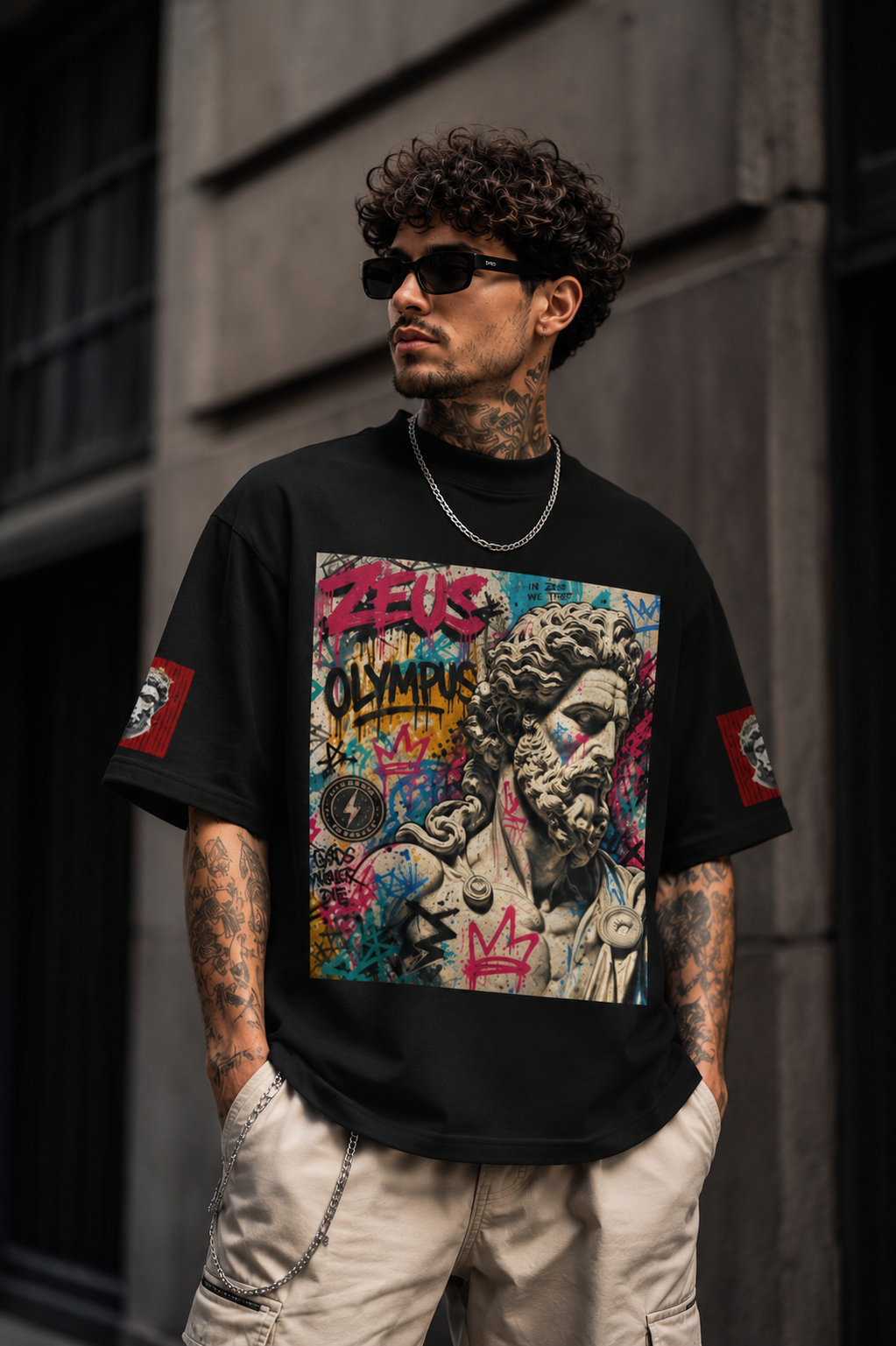 "Gods Era Oversized High Neck Tee – Zeus Urban Graffiti Streetwear Shirt",